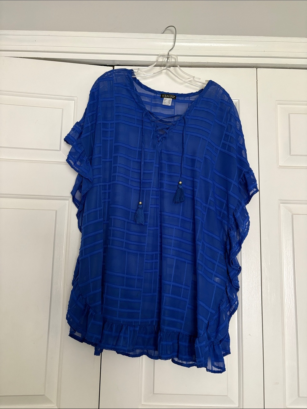 VENUS Cobalt Blue Sheer Lace-Up Tunic with Tassels